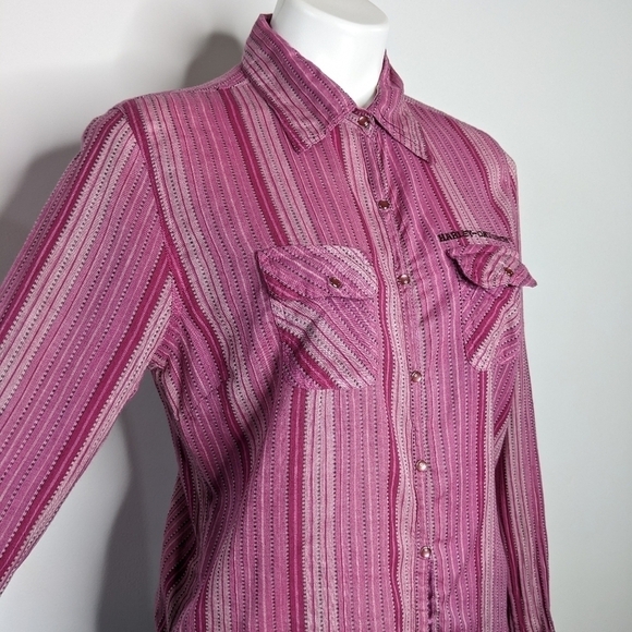 Harley Davidson pink purple striped collared button up shirt L - Picture 6 of 9